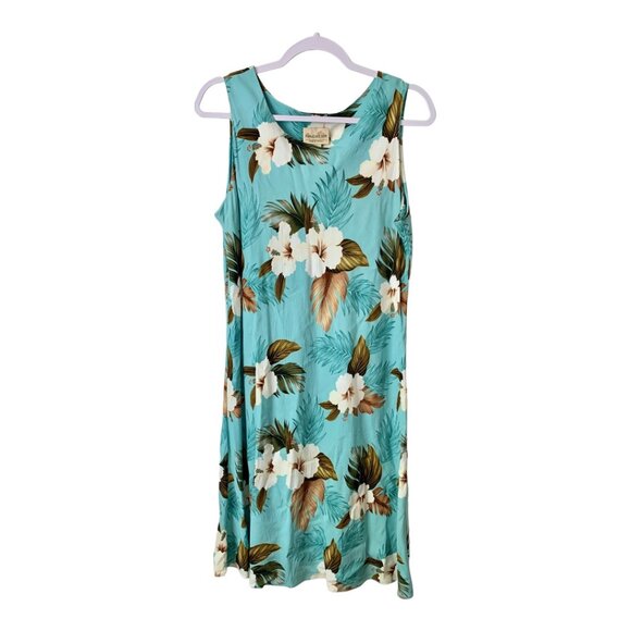 Paradise Bay Blue Floral Tropical Sleeveless Midi Hawaiian Dress Size Large - Picture 1 of 4